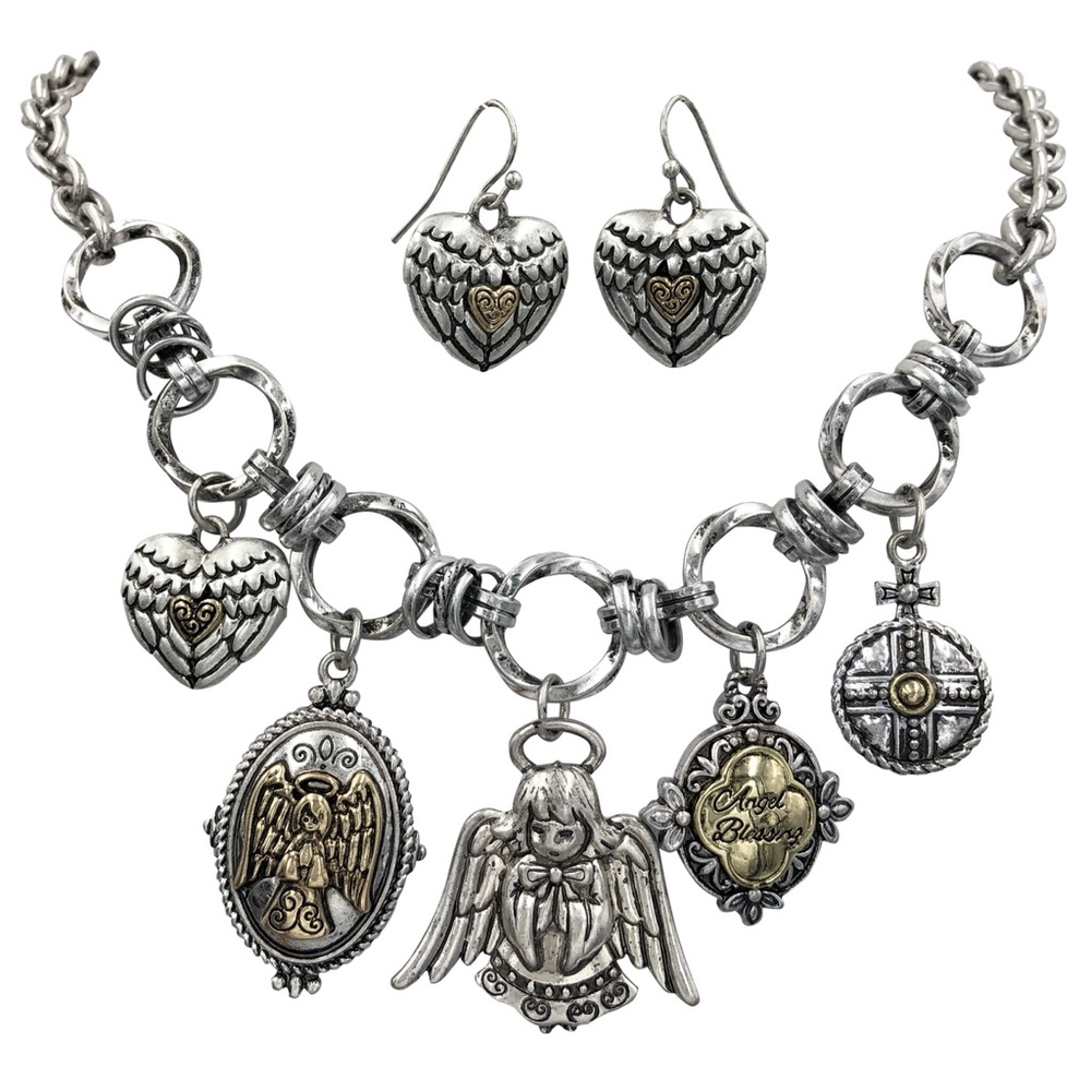 Chunky Angel & Cross Charm Necklace Earring Set